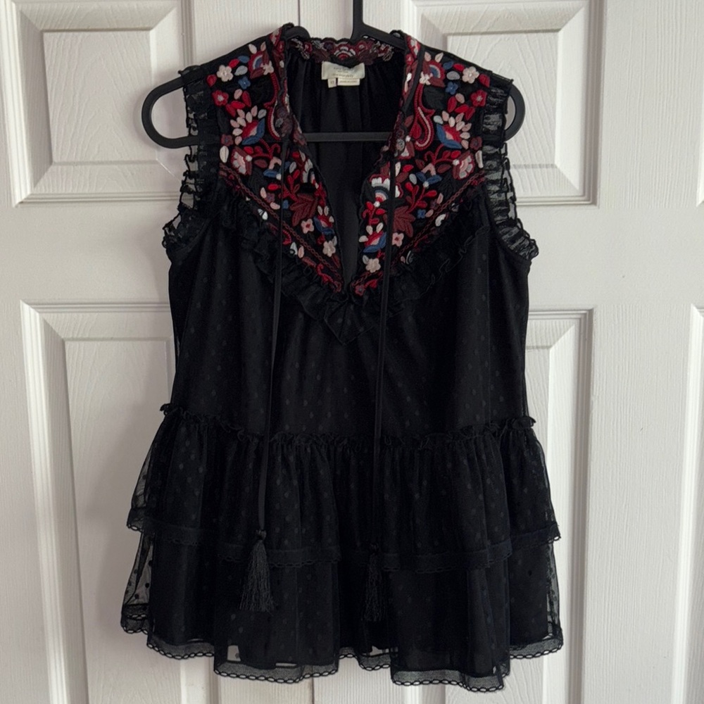 Kate Spade Embroidered Black Sleeveless Top Ruffles Tassels - Picture 3 of 7